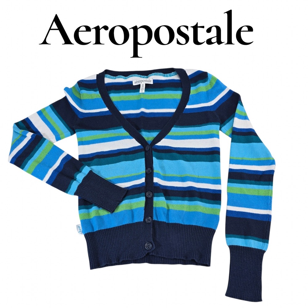 Aeropostale Cardigan Sweater Womens XS Blue Green Cotton Striped V-Neck Y2K Boho